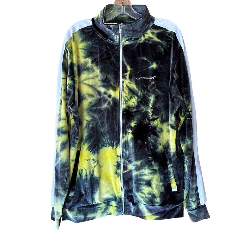 Men's Tie Dye Urban Hip Hop Track Jacket Size L Yellow Black Velour Streetwear